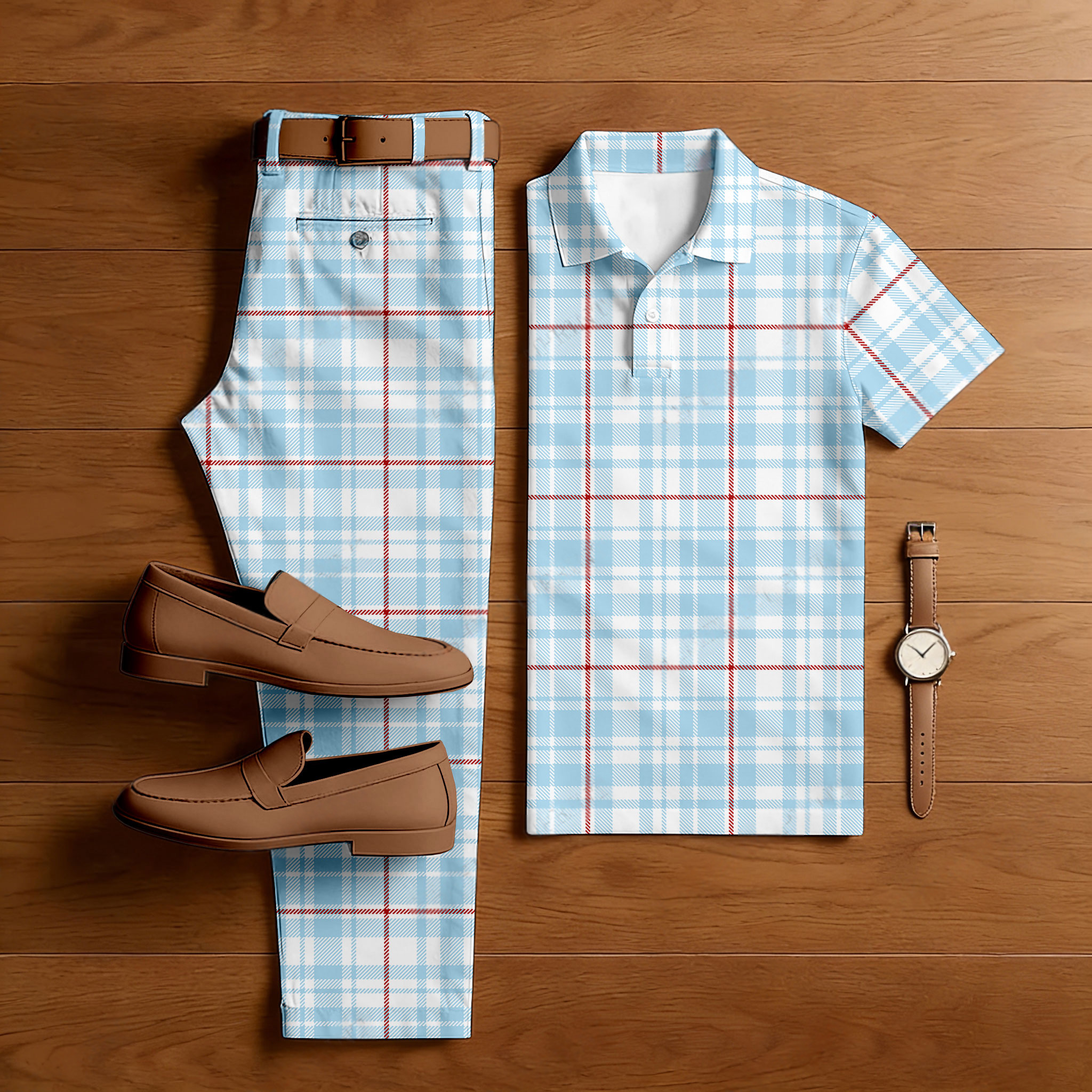 Men's Casual Blue & White Color Matching Checkered Printed Short Sleeved Polo Shirt & Trousers Two-Piece Set