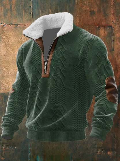 Men's Retro Western Texture Print Knit Fabric Zipper Fur Collar Long Sleeve Sweatshirt