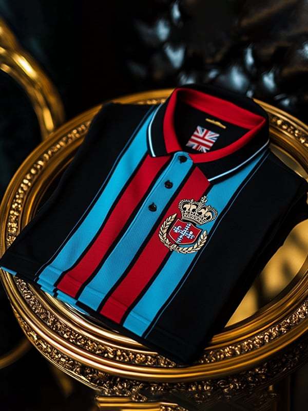 Men's Business Stripe Logo Button-Down Short Sleeve Polo Shirt