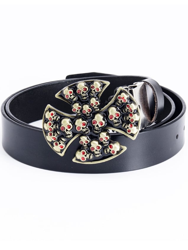 Black adult men's belt with iron clip skull cross trousers