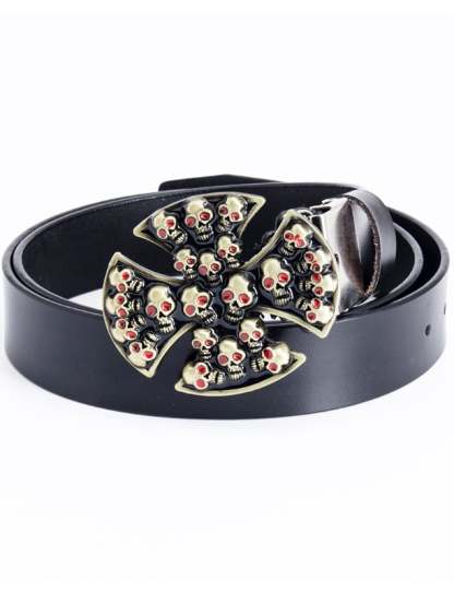 Black adult men's belt with iron clip skull cross trousers