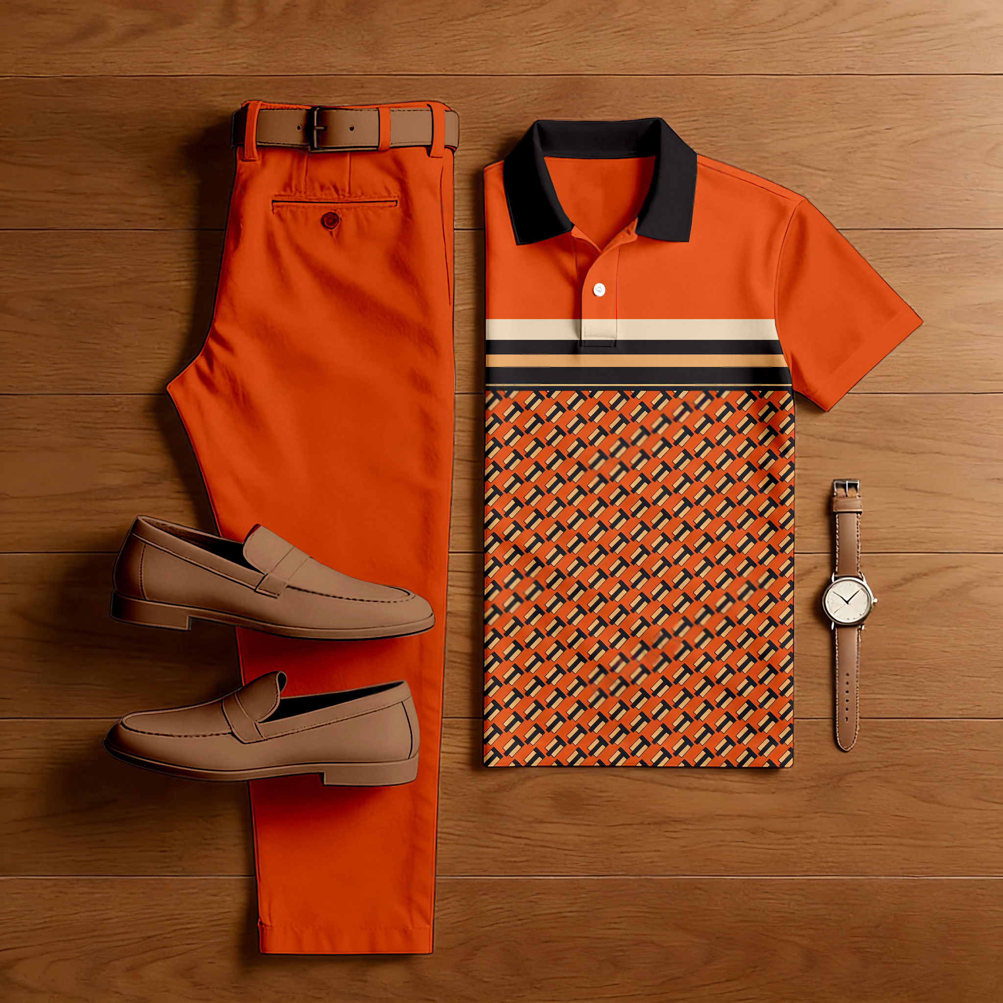 Men's Casual Orange & Black Color Matching Checkered Printed Short Sleeved Polo Shirt & Trousers Two-Piece Set