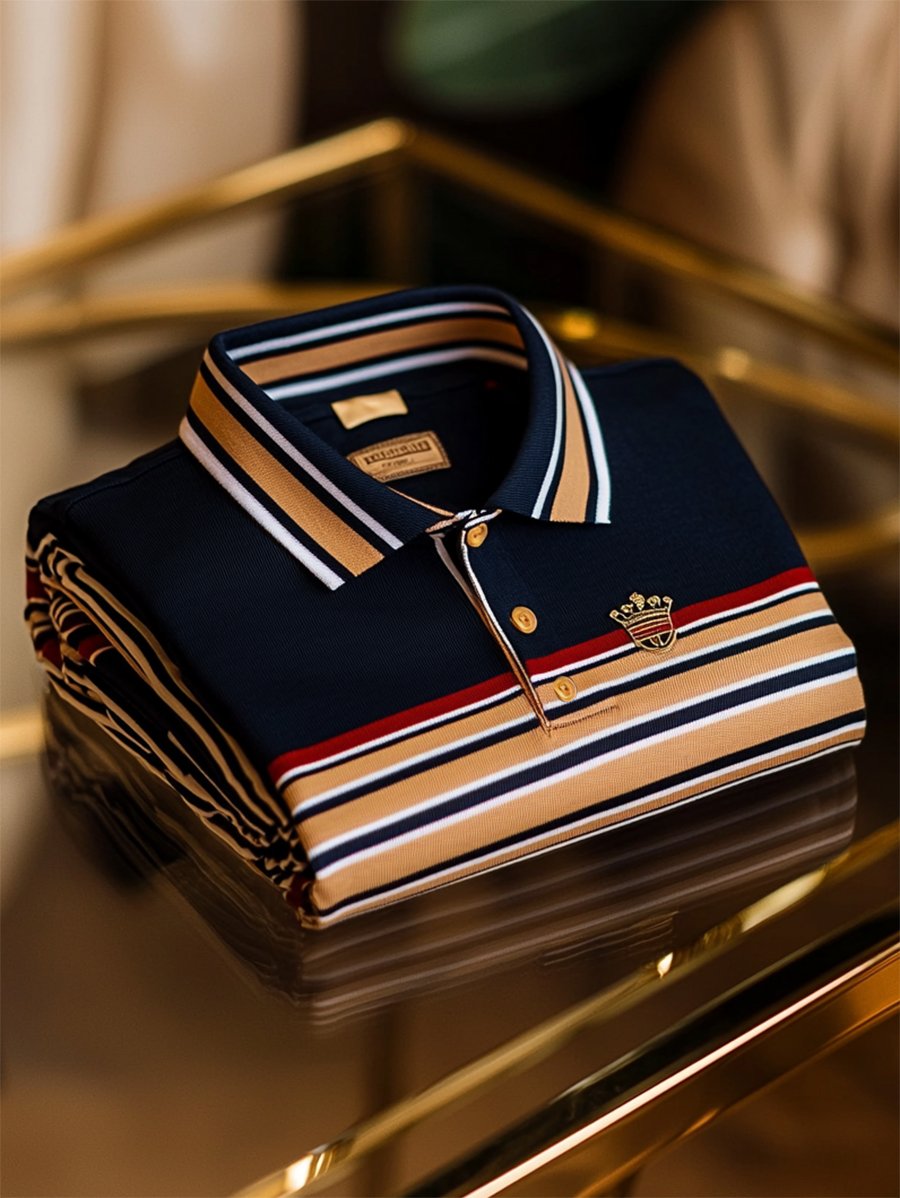 Men's Business Casual Striped Button Short Sleeve Polo Shirt