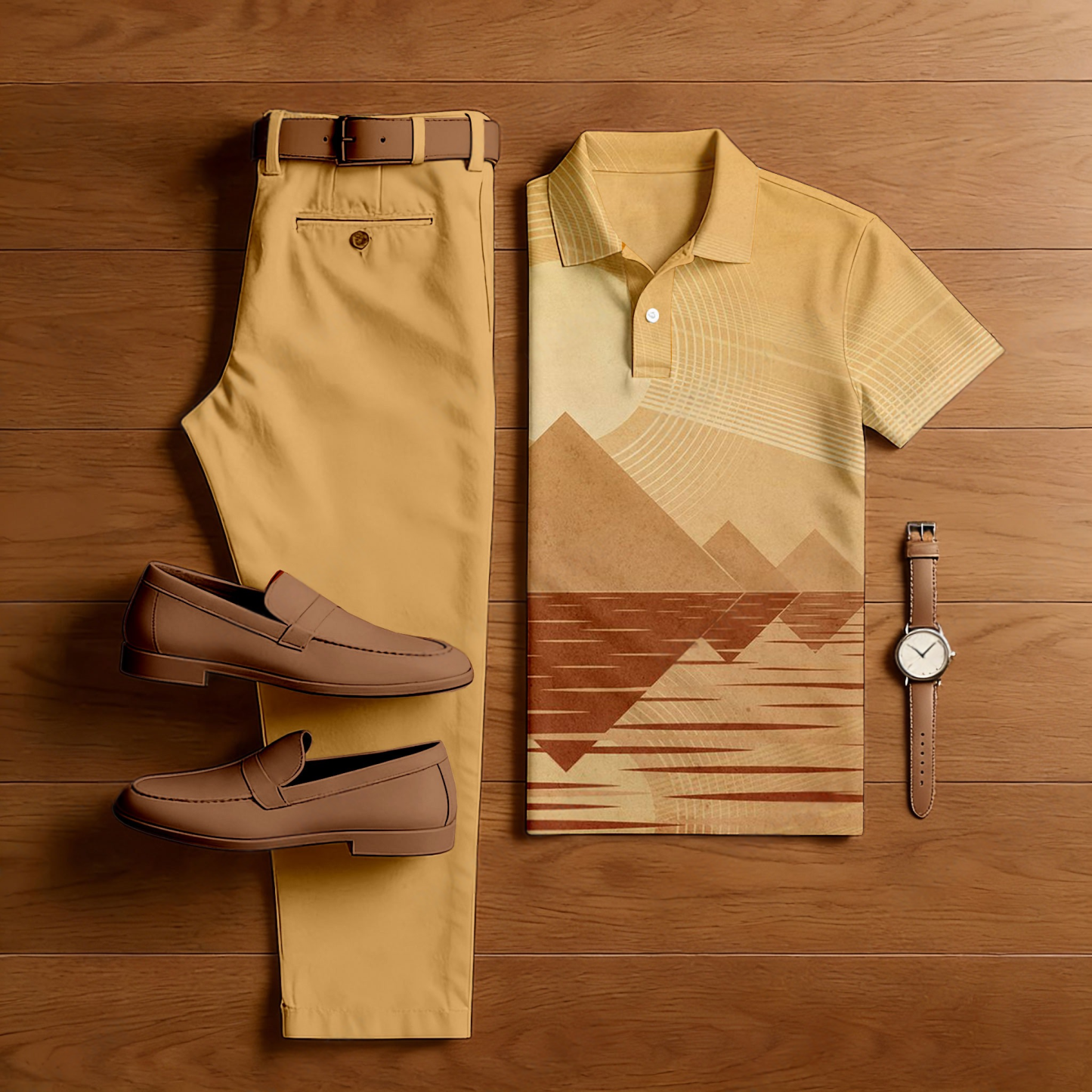 Men's Casual Orange Multi Color Matching Geometric Printed Short Sleeved Polo Shirt & Trousers Two-Piece Set