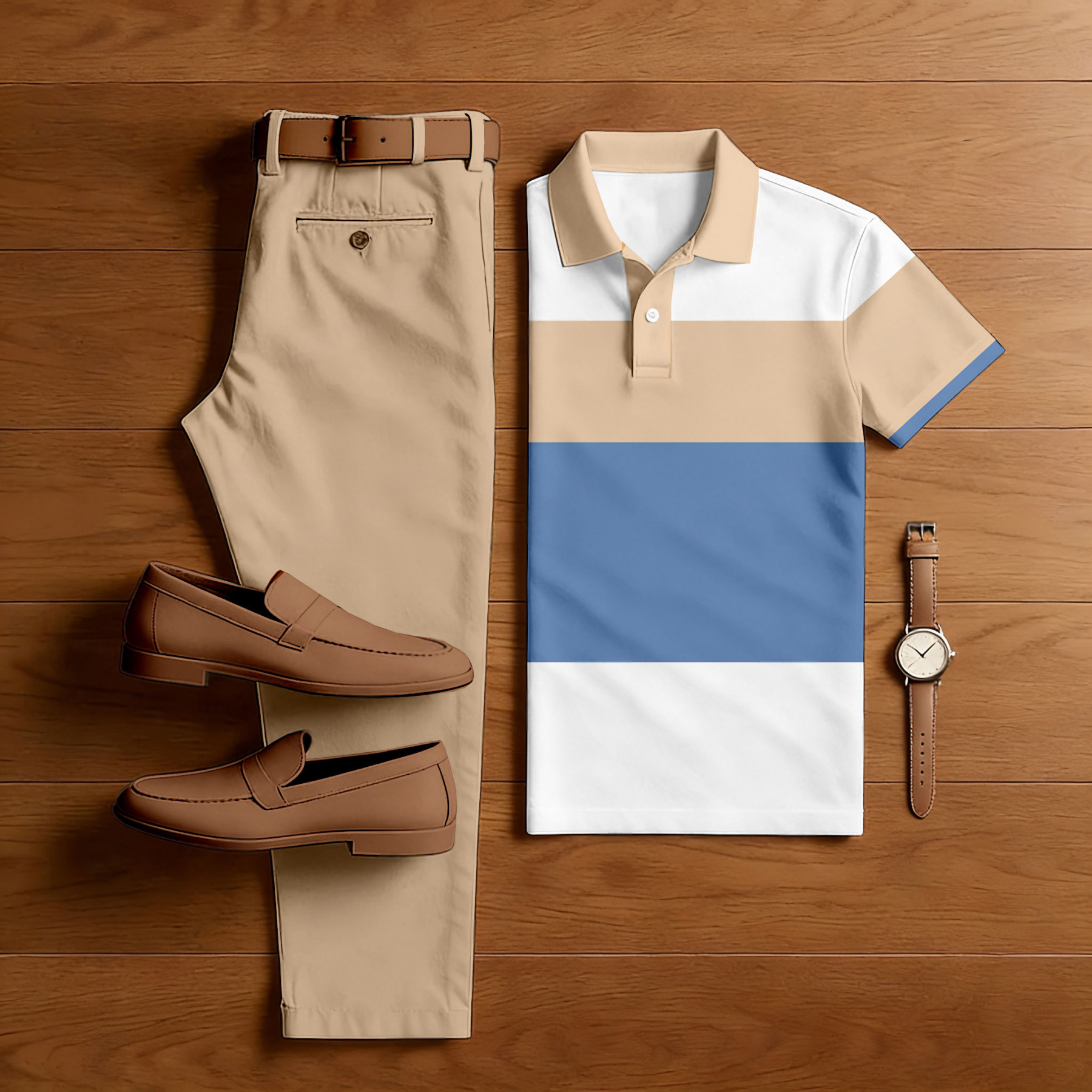 Men's Casual Color Blocking Geometry Printed Polo Shirt And Pants Two-Piece Set