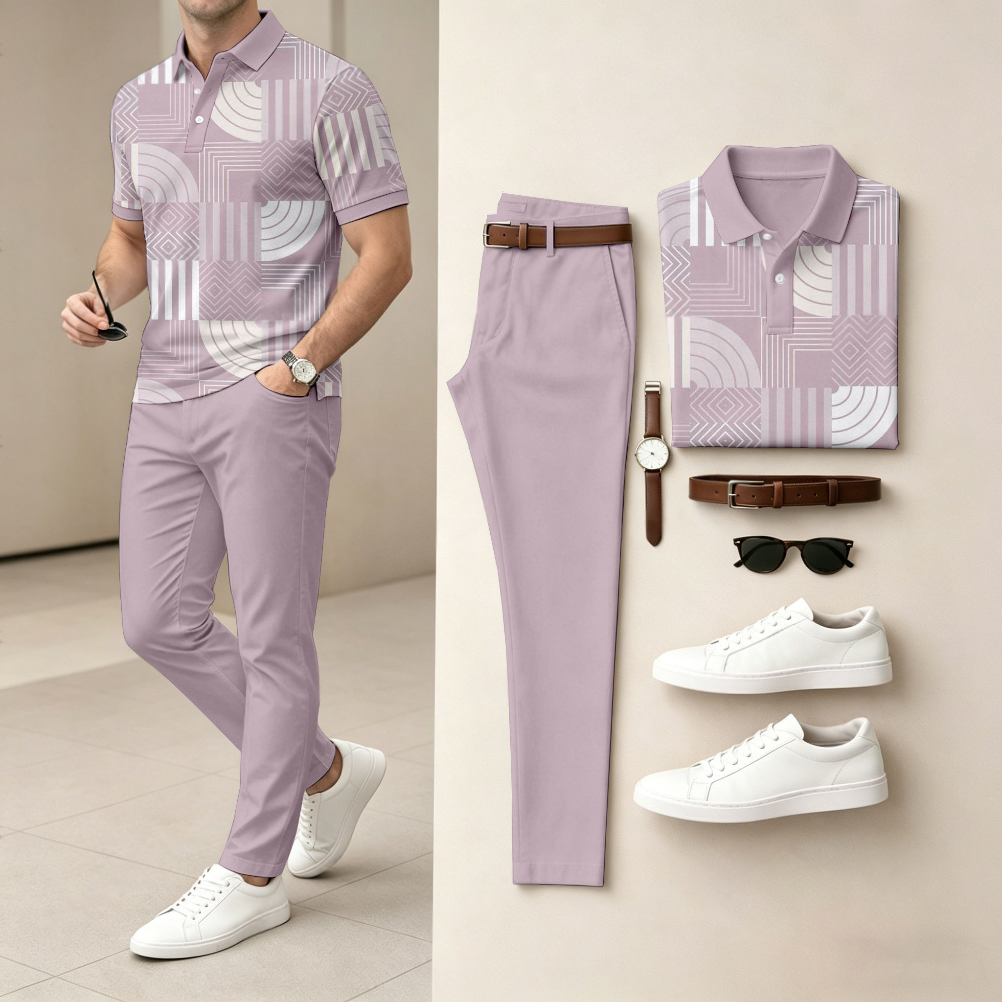 Men's Casual Purple Printed Polo Shirt And Pants Two-Piece Set