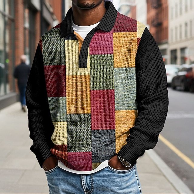 Men's Color Block Geometic Waffle Polo Shirts