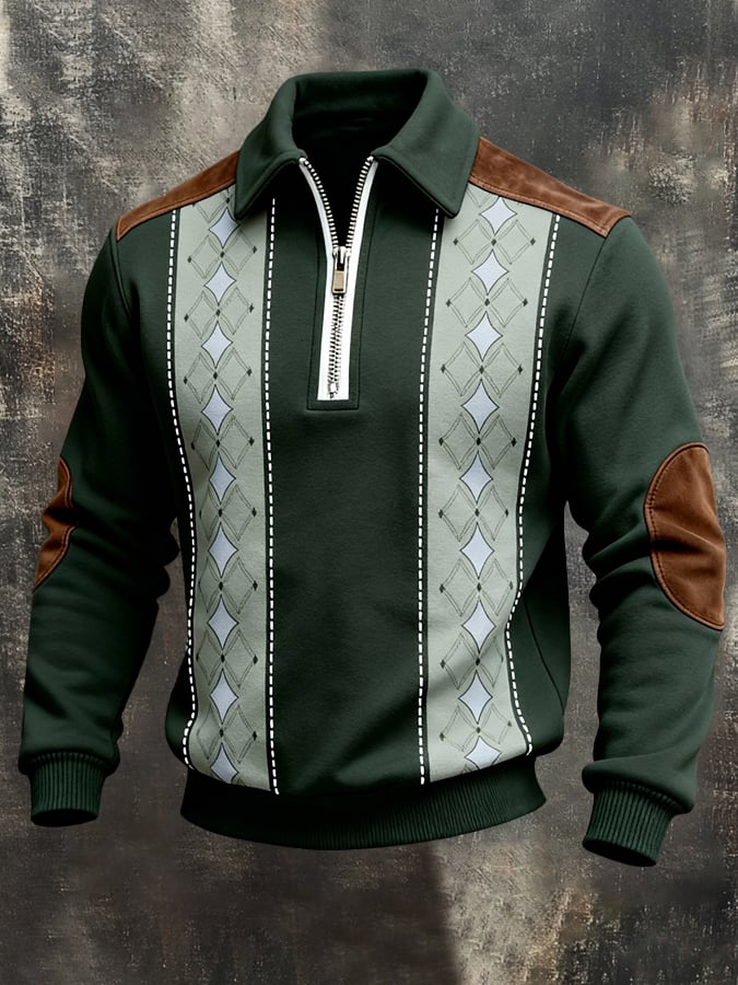 Men's Retro Color Block Print Color-Blocked Zip-Up Sweatshirt