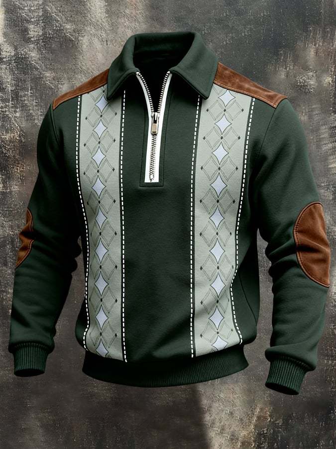 Men's Retro Color Block Print Color-Blocked Zip-Up Sweatshirt
