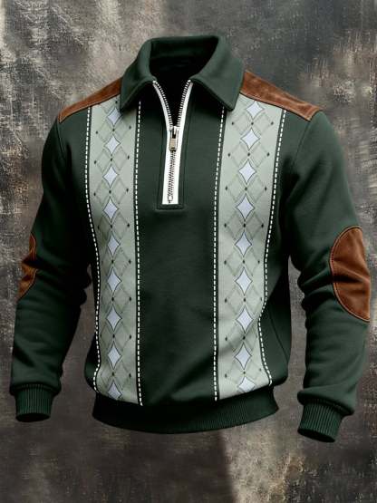 Men's Retro Color Block Print Color-Blocked Zip-Up Sweatshirt