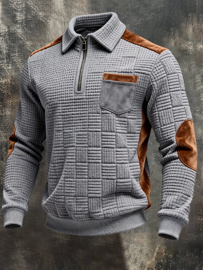 Men's Retro Jacquard Textured Patchwork Comfortable Color-Blocked Zip-Up Sweatshirt