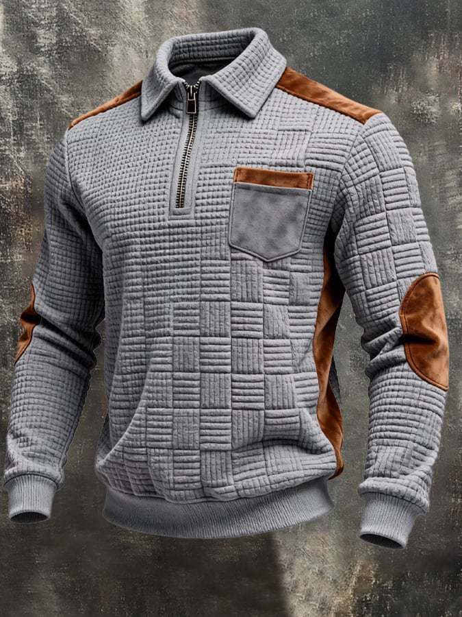 Men's Retro Jacquard Textured Patchwork Comfortable Color-Blocked Zip-