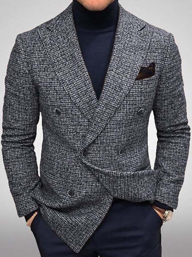 Men's Vintage Double-Breasted Plaid Gentleman's Business Suit Jacket