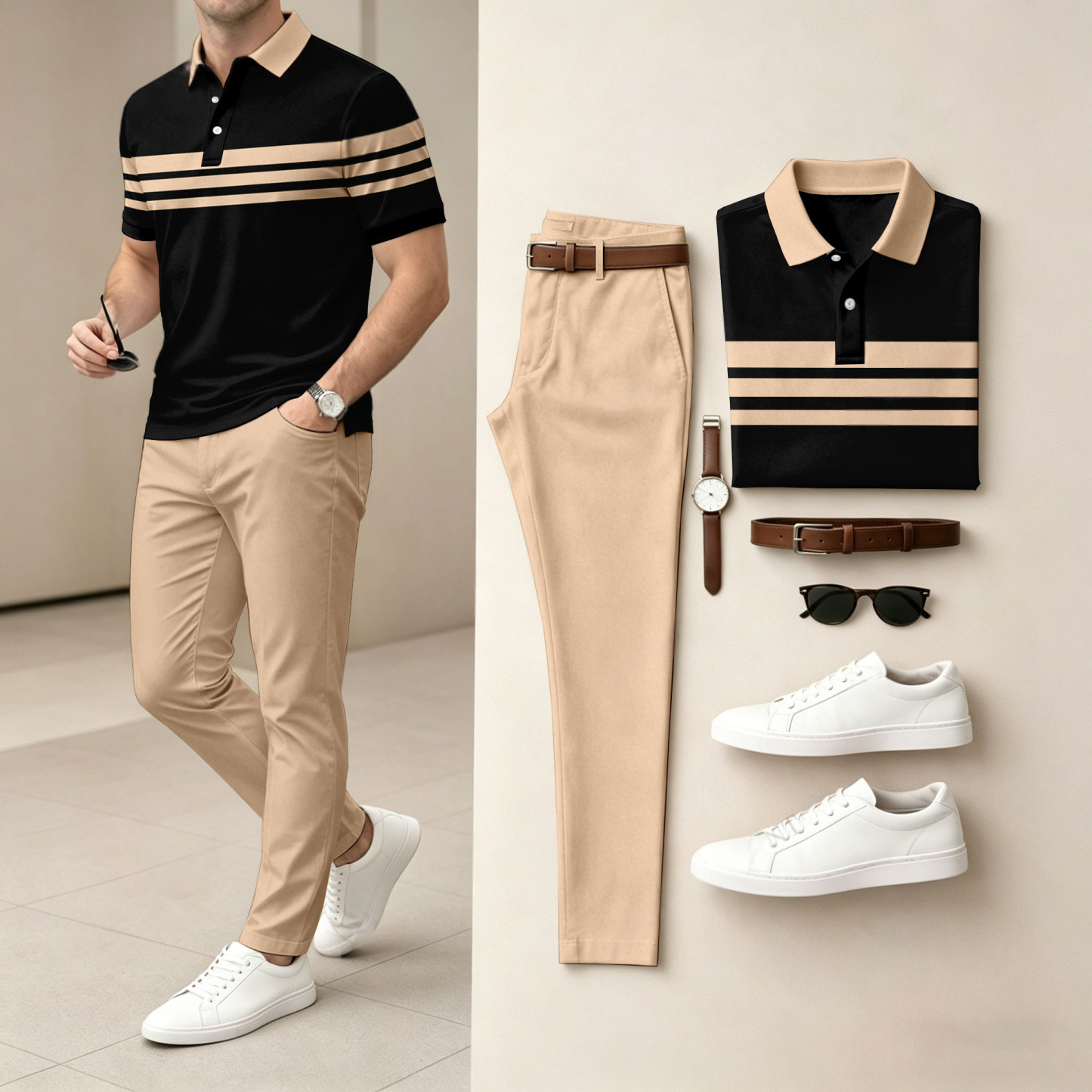 Men's Light And Mature Style, Simple Color Matching Short Sleeved Polo Shirt & Pants Two-Piece Set