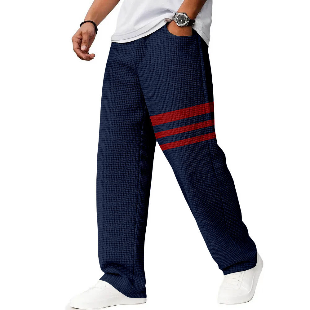 Men's Fashion Dark Blue & Red Stripes Printed Straight Leg Trousers