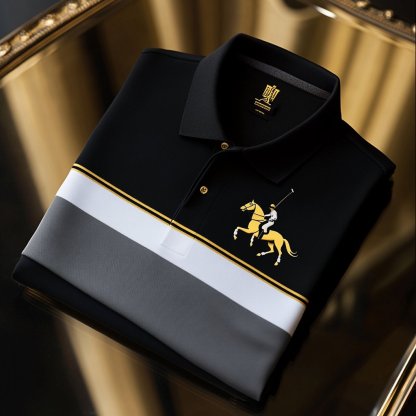 Men's Classic Business Check Logo Button Short Sleeve Polo Shirt