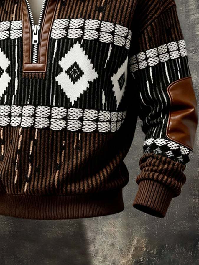 Men's Retro Textured Printed Sweatshirt with Fur Collar