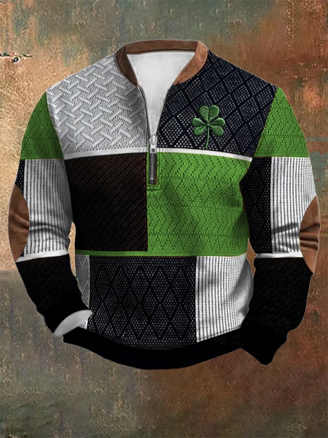 Men's St. Patrick's Day Textured Print Zip Collar Sweatshirt