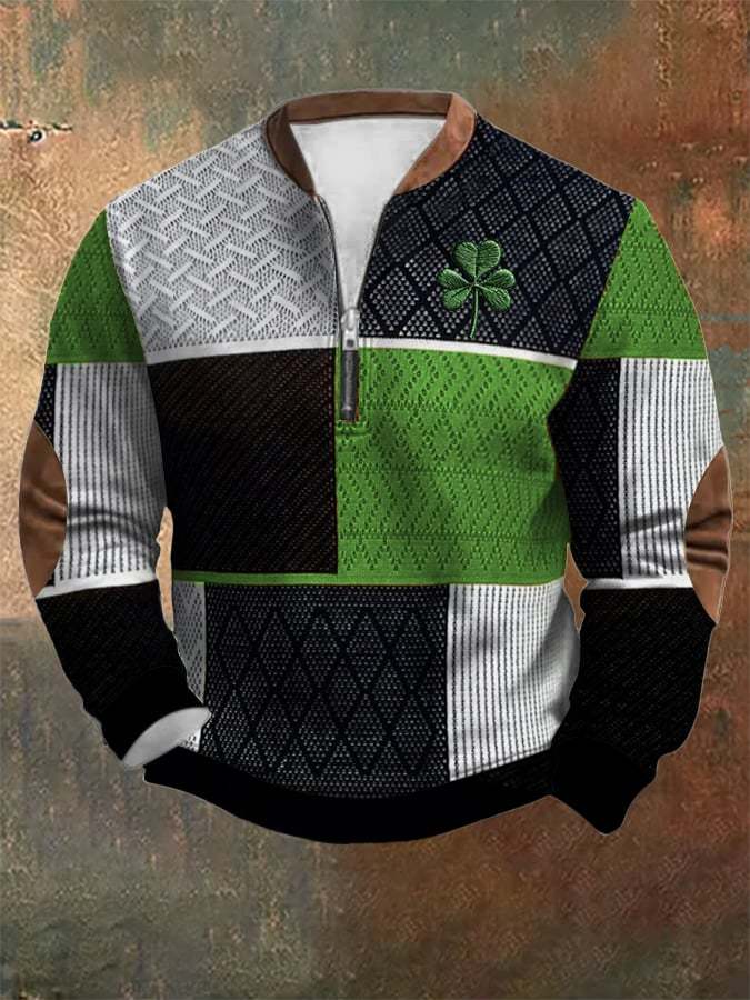 Men's St. Patrick's Day Textured Print Zip Collar Sweatshirt