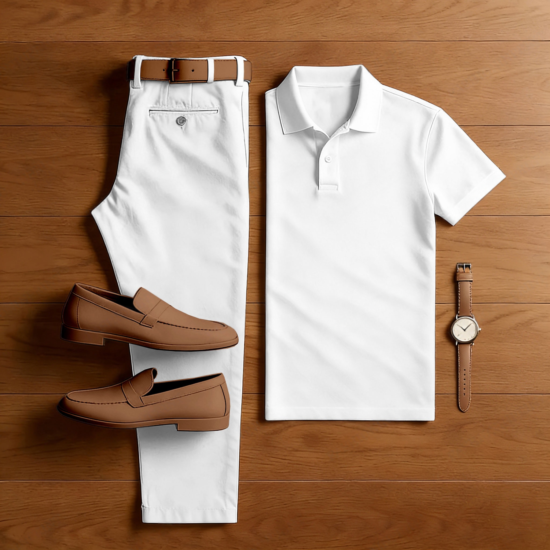 Men's Casual White Short Sleeved Polo Shirt & Trousers Two-Piece Set