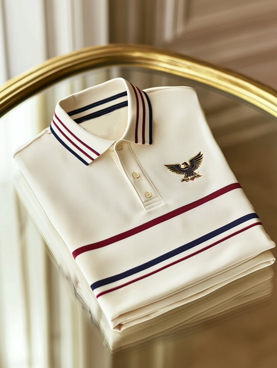 Men's Business Casual White Eagle Stripe Button-Down Short Sleeve Polo