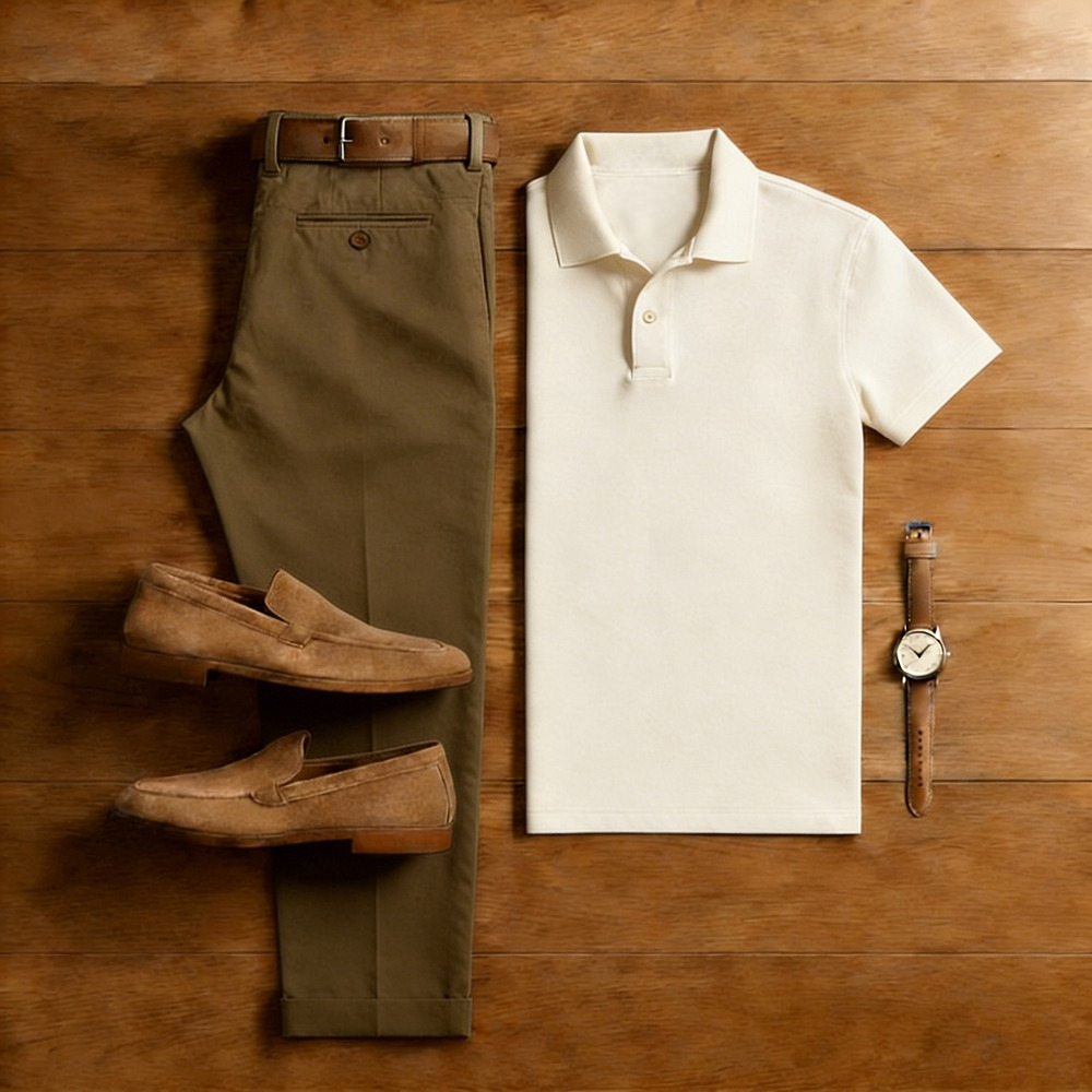 Men's Casual Army Green & Apricot Solid Color Matching Short Sleeved Polo Shirt & Trousers Two-Piece Set