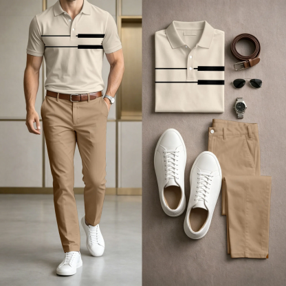 Men's Casual Beige Stripes Printed Polo Shirt And Pants Two-Piece Set