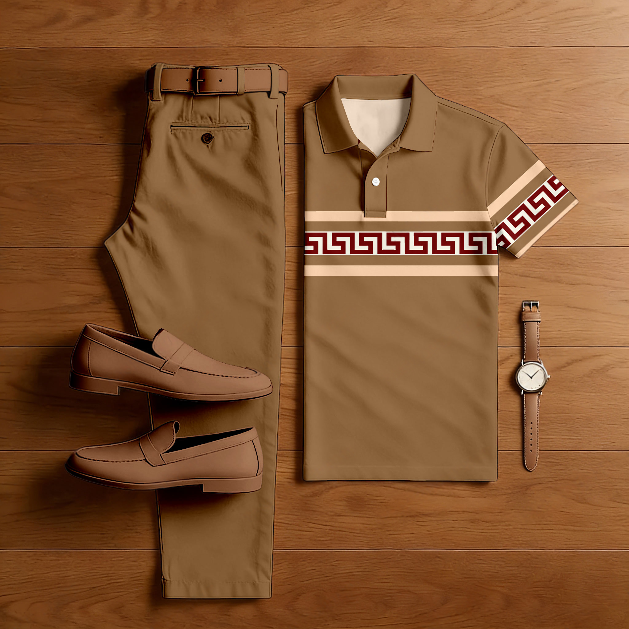 Men's Casual Brown Color Matching Geometric Printed Short Sleeved Polo Shirt & Trousers Two-Piece Set