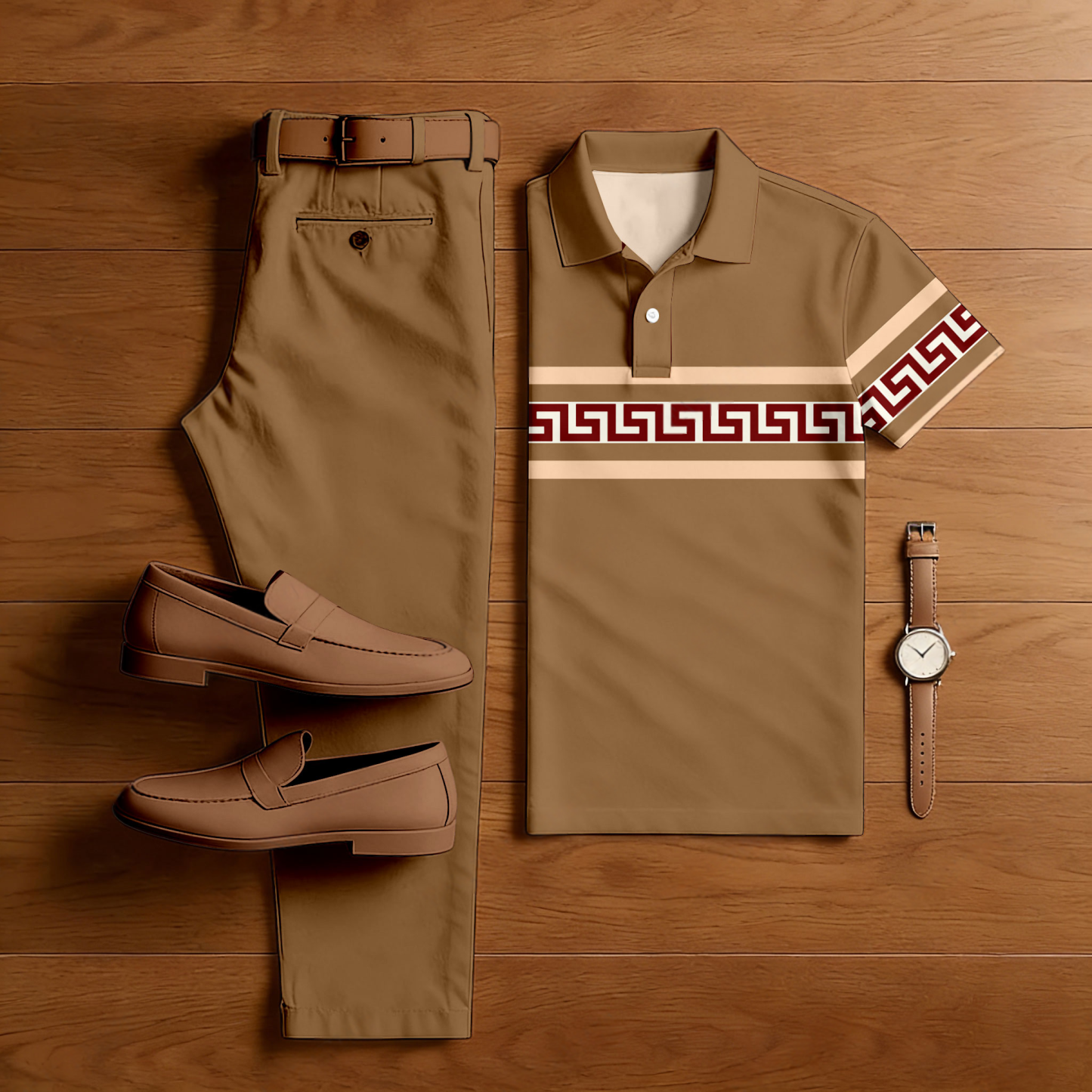 Men's Casual Brown Color Matching Geometric Printed Short Sleeved Polo Shirt & Trousers Two-Piece Set