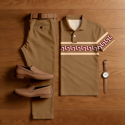 Men's Casual Brown Color Matching Geometric Printed Short Sleeved Polo Shirt & Trousers Two-Piece Set