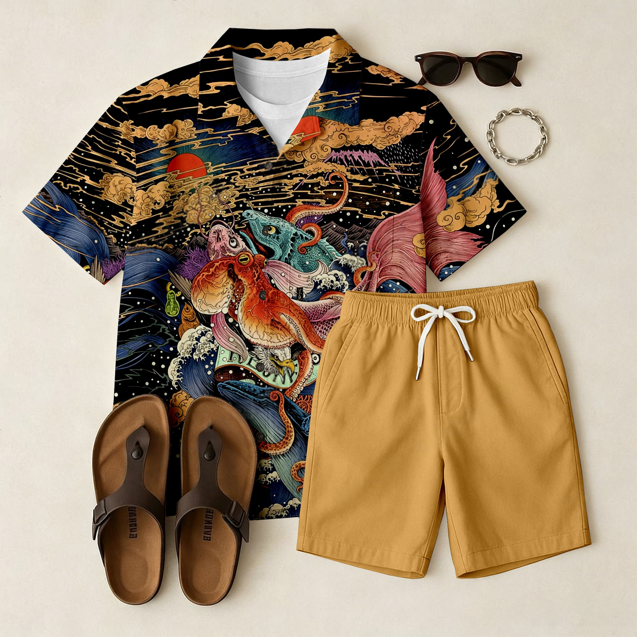 Men's Casual Black Short-Sleeved Shirt And Shorts Two-Piece Set (Excluding Bag, Belt, Sunglasses And Accessories)