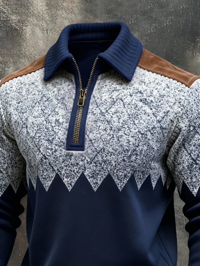 Men's Retro Color Block Print Color-Blocked Zip-Up Sweatshirt