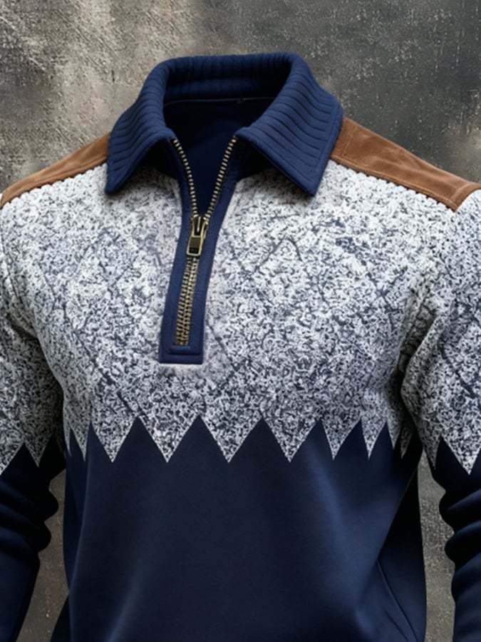 Men's Retro Color Block Print Color-Blocked Zip-Up Sweatshirt