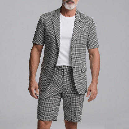 Men's Black Plaid Print Notched Lapel Short Sleeve Blazer & Shorts Business Casual 2Pcs Suit