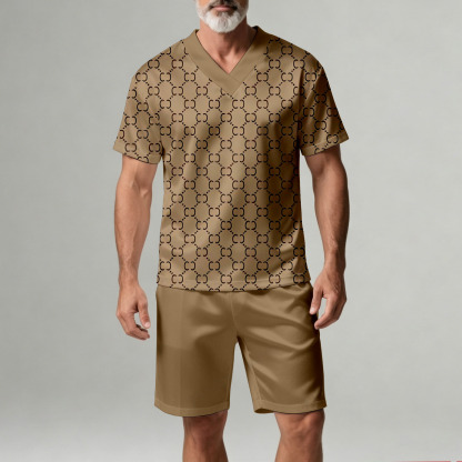 Men's Casual Geometric Print V-Neck Short-Sleeve T-Shirt And Shorts Two-Piece Set