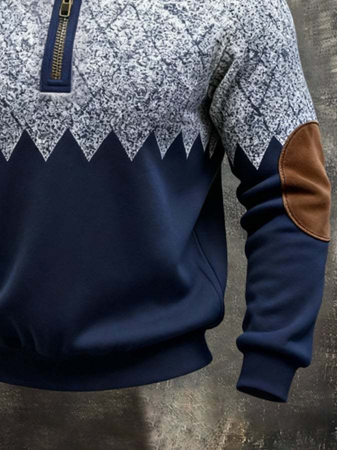 Men's Retro Color Block Print Color-Blocked Zip-Up Sweatshirt