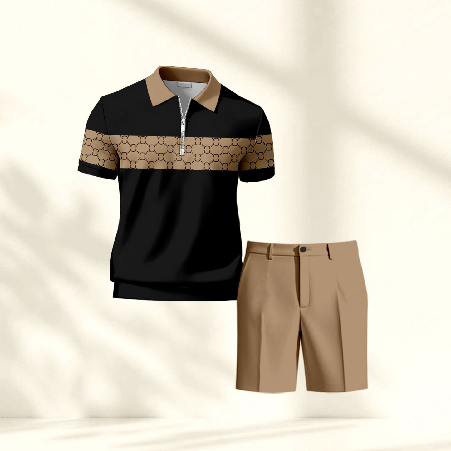 Men's Casual Black & Brown Plaid Printed Polo Shirt And Pants Two-Piece Set