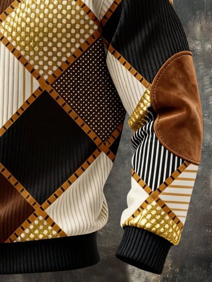 Men's Retro Color Block Print Fur Collar Sweatshirt