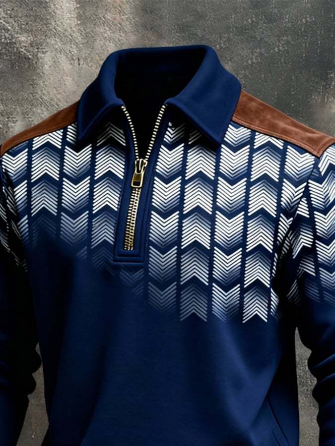 Men's Retro Color Block Print Color-Blocked Zip-Up Sweatshirt