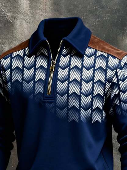 Men's Retro Color Block Print Color-Blocked Zip-Up Sweatshirt