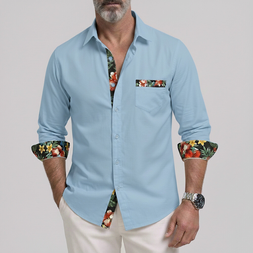 Men's Tropical Floral Print Contrast Trim Patch Pocket Vacation Long Sleeve Shirt