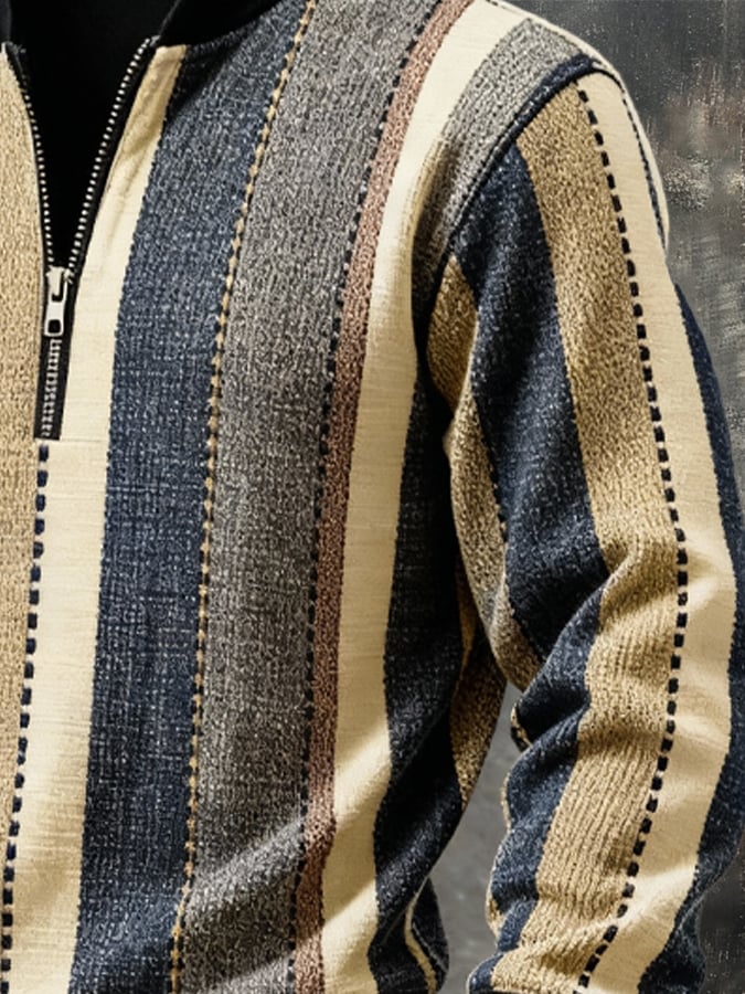 Men'S Casual Retro Contrast Color Half Zip Stand Collar Long Sleeve Sweatshirt