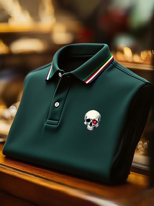 Men's Classic Business Skull Logo Button Short Sleeve Polo Shirt