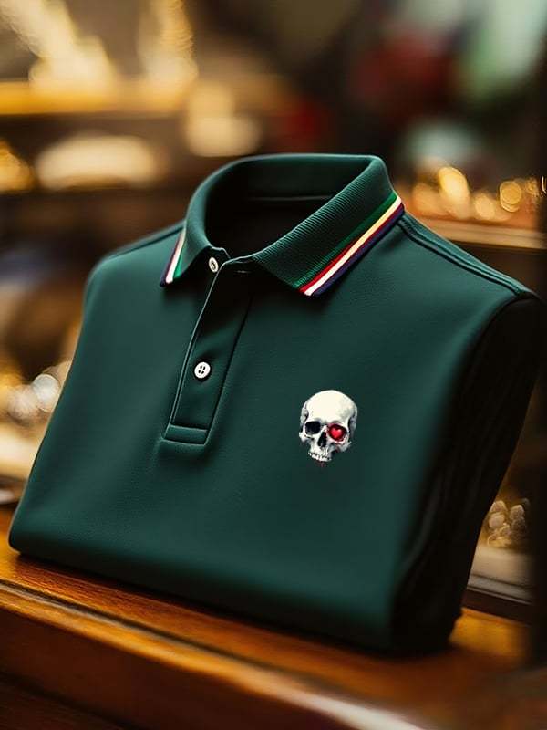 Men's Classic Business Skull Logo Button Short Sleeve Polo Shirt