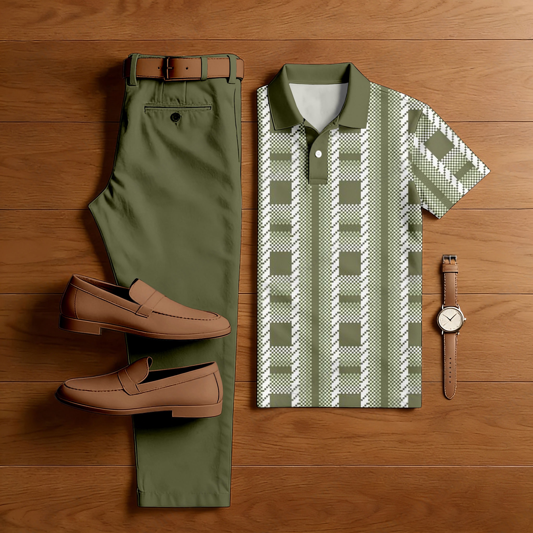 Men's Casual Green & White Color Matching Ethnic Style Printed Short Sleeved Polo Shirt & Trousers Two-Piece Set