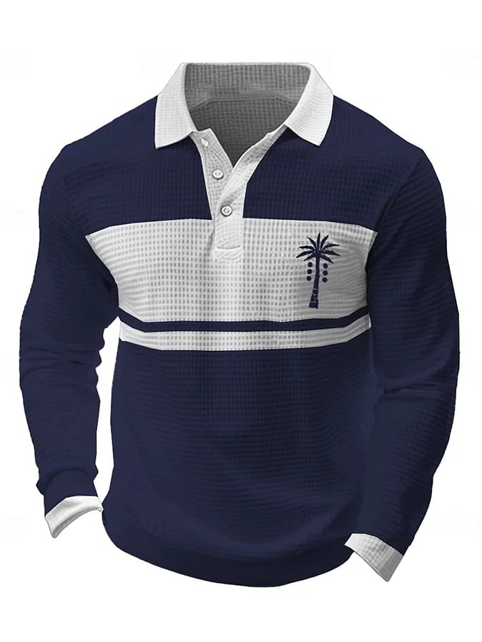 Men's Business Casual Contrast Color Coconut Tree Print Waffle Polo