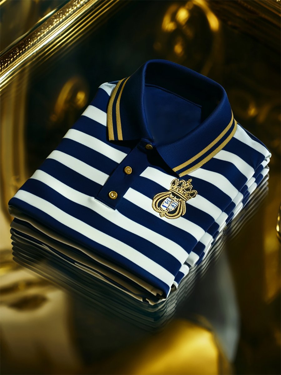 Men's Business Casual Striped Button Short Sleeve Polo Shirt