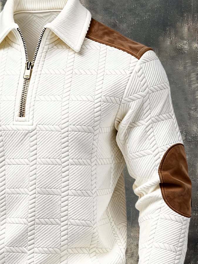 Men's Retro Jacquard Textured Patchwork Comfortable Color-Blocked Zip-Up Sweatshirt