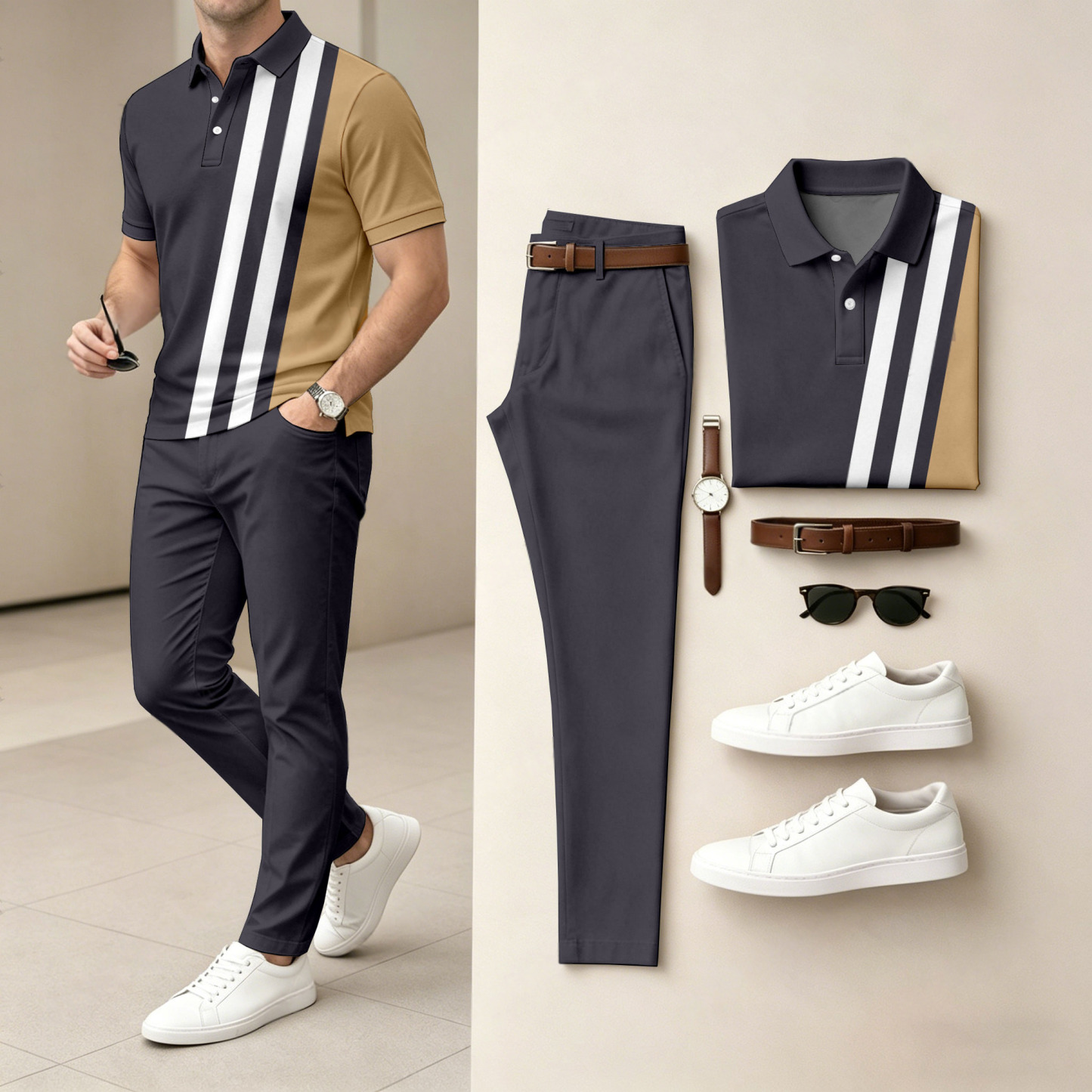 Men's Casual Dark Gray Khaki Stripes Printed Polo Shirt And Pants Two-Piece Set