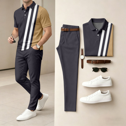 Men's Casual Dark Gray Khaki Stripes Printed Polo Shirt And Pants Two-Piece Set